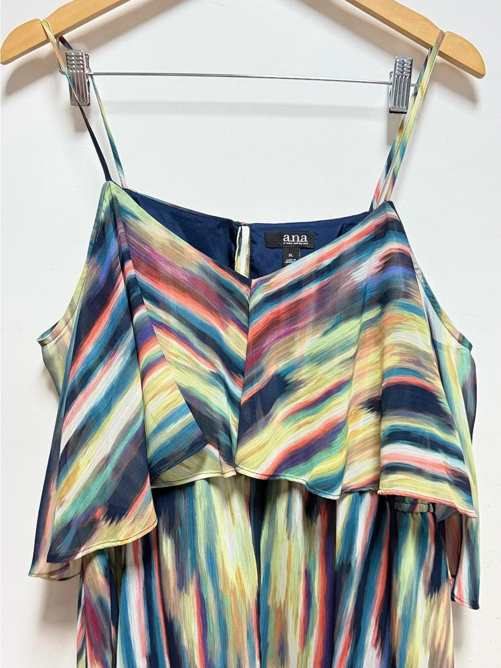 a.n.a Off-Shoulder Watercolor Stripe Asymmetrical Midi Dress - Navy, Teal, Red - Picture 3 of 10